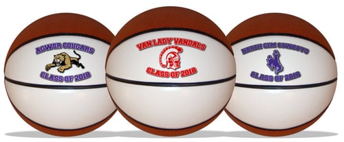 basketball featuring school team name along with mascot and year