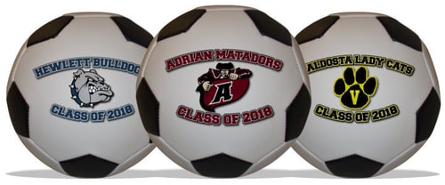 soccer ball featuring school team name along with mascot and year